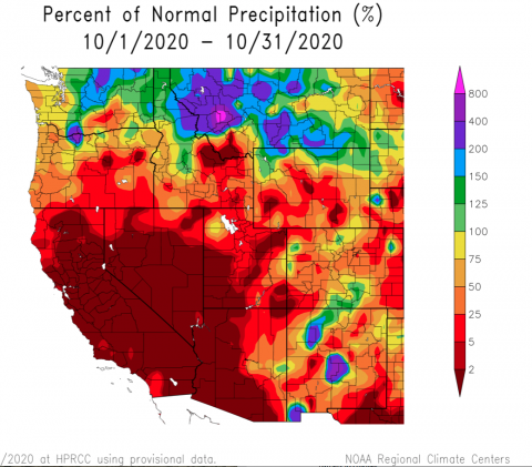 Percent of Normal Precipitation October 2020