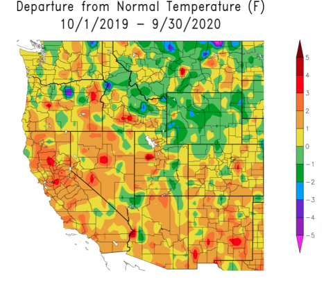 Departure from Normal Temperature 2019-2020