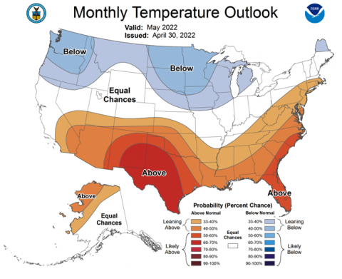May 2022 NOAA seasonal temperature forecast 