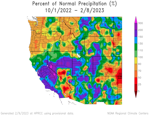Water Year Percent Normal Precipitation, 2/8/23