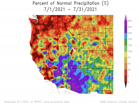 Percent of Normal Precipitation July 2021