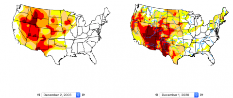US Drought Map December 2003 vs 2020