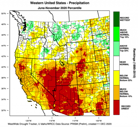 West Precipitation Map June-November 2020 Percentile