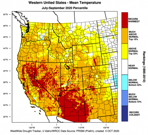 West Mean Temperature July-September 2020 Percentile
