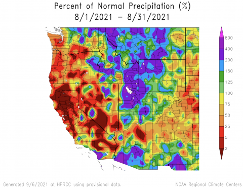Percent of Normal Precipitation August 2021