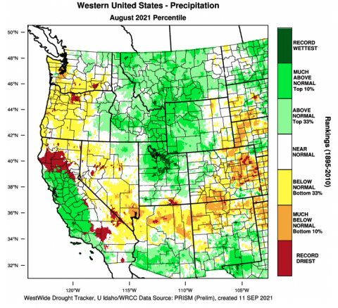 Western U.S. Precipitation August 2021 Percentile