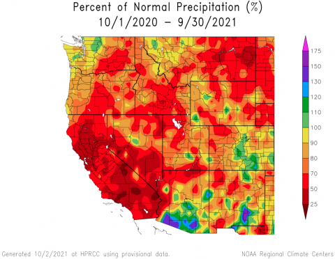 Percent normal precipitation for 2021 water year