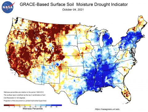 NASA GRACE Surface Soil Moisture, October 4, 2021