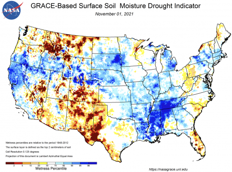 NASA GRACE Surface Soil Moisture, November 1, 2021