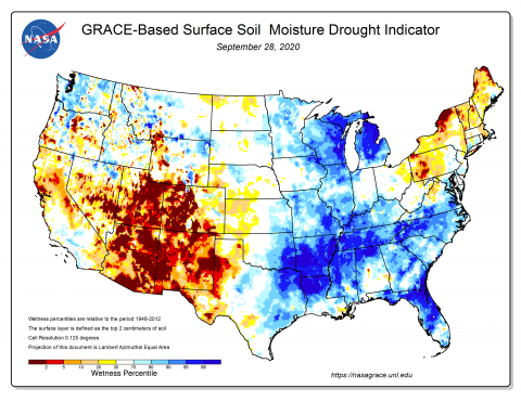 Soil moisture on 9/29/20 from NASA GRACE dataset