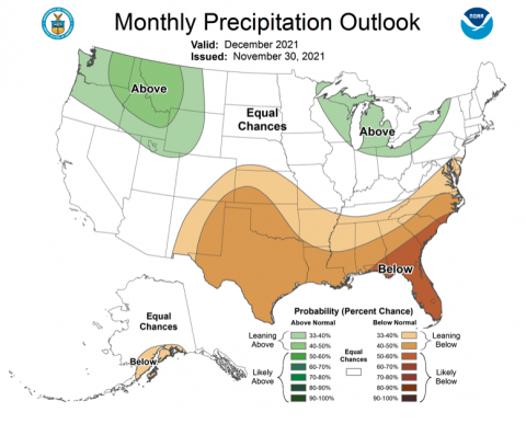 NOAA seasonal precipitation forecast for December 2021