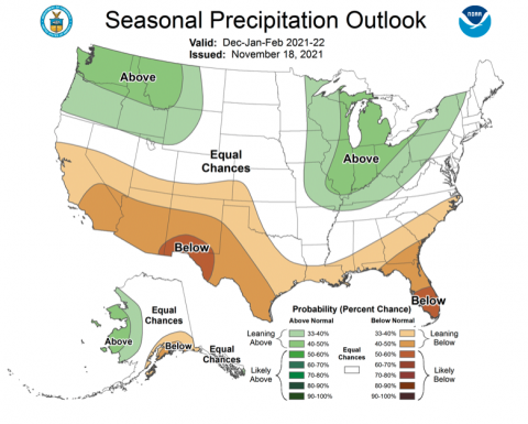 NOAA seasonal precipitation forecast, December 2021- February 2022