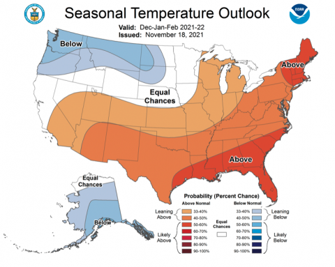 NOAA seasonal temperature forecast, December 2021 - February 2022