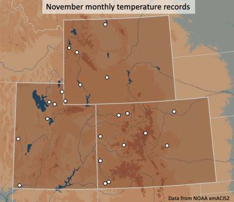 Sites with record high November temperatures