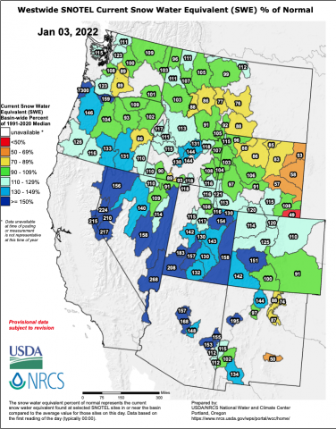 Snow-water Equivalent by River Basin, 1/3/22