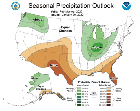 NOAA Seasonal Precipitation Forecast for February-April 2022