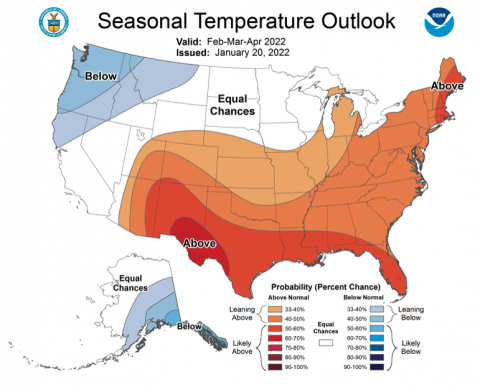 NOAA Seasonal Temperature Forecast for February-April 2022