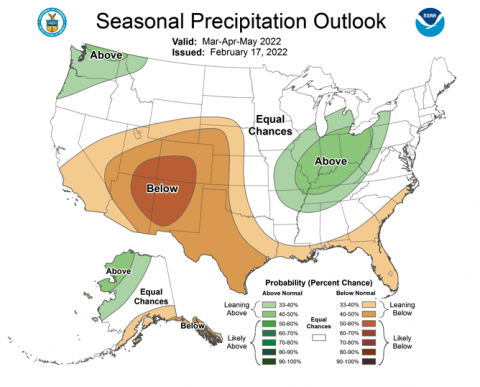 NOAA Seasonal Precipitation Forecast, March-May 2022