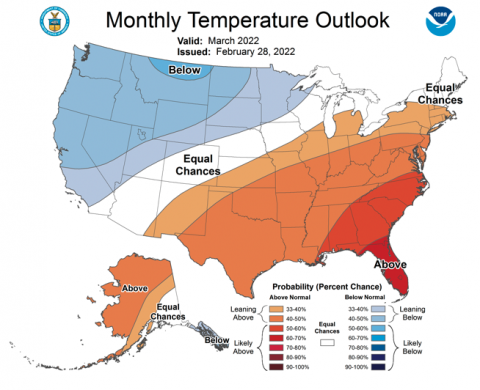 NOAA Seasonal Temperature Forecast, March-May 2022