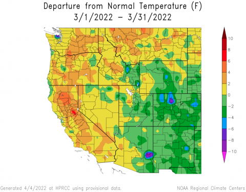 Departure from normal March temperature