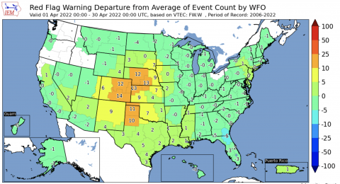 April 2022 Red Flag Warnings - departure from normal 