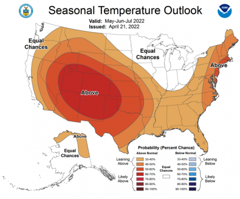 May-July 2022 NOAA seasonal temperature forecast 