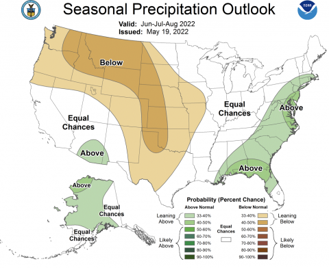 NOAA seasonal precipitation forecast for June-August 2022