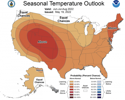 NOAA seasonal temperature forecast for June-August 2022