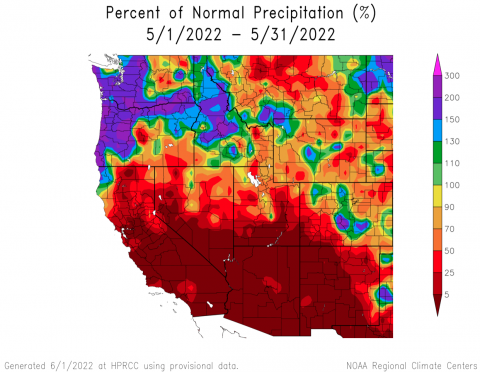 Percent normal precipitation for May 2022