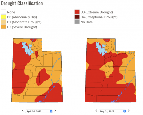 Drought comparison for Utah (4/26/22 and 5/31/22)