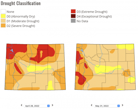 Drought comparison for Wyoming (4/26/22 and 5/31/22)