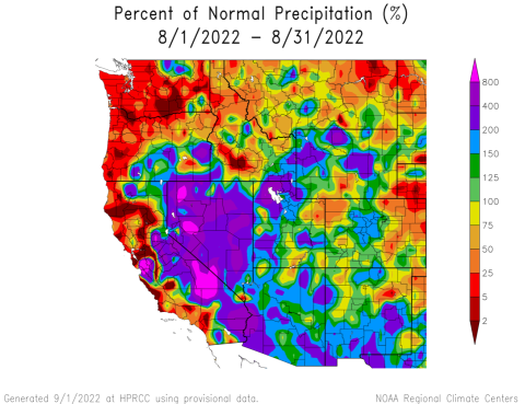 Percent normal precipitation for August 2022