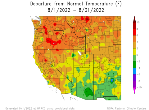 Departure from normal temperatures, August 2022