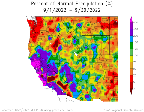 Percent normal precipitation, September 2022