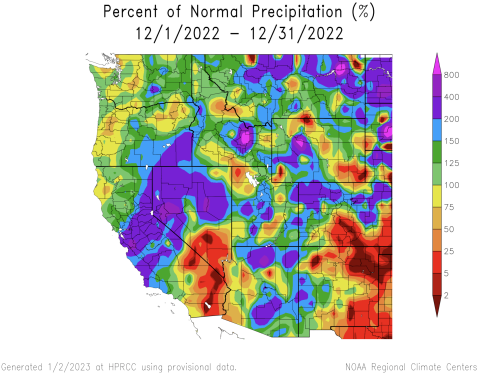 Western U.S. December 2022 Precent Normal Precipitation 