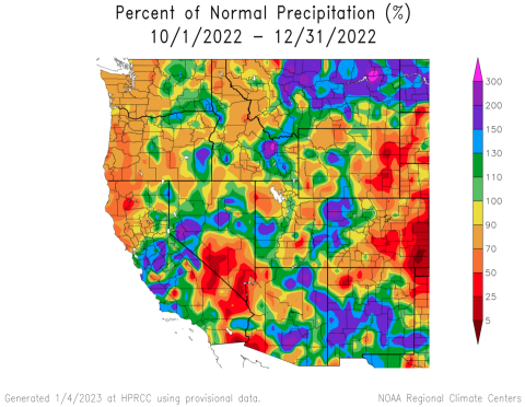 Western U.S. Water Year 2023 (Oct-Dec) Percent Normal Precipitation