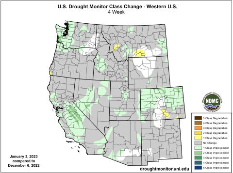 US Drought Monitor 4-week change map, 1/3/23