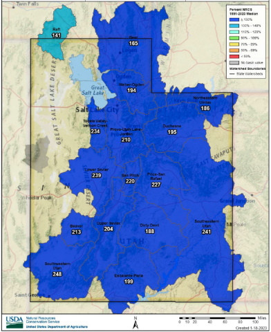 Utah Percent Normal SWE, February 1, 2023