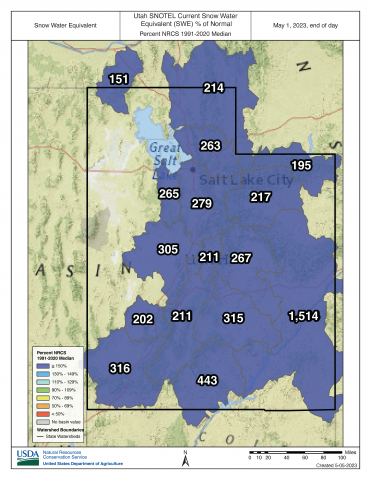 Utah_Snow_Water_Equivalent_Percent_NRCS_1991-2020_Median_May_1_2023